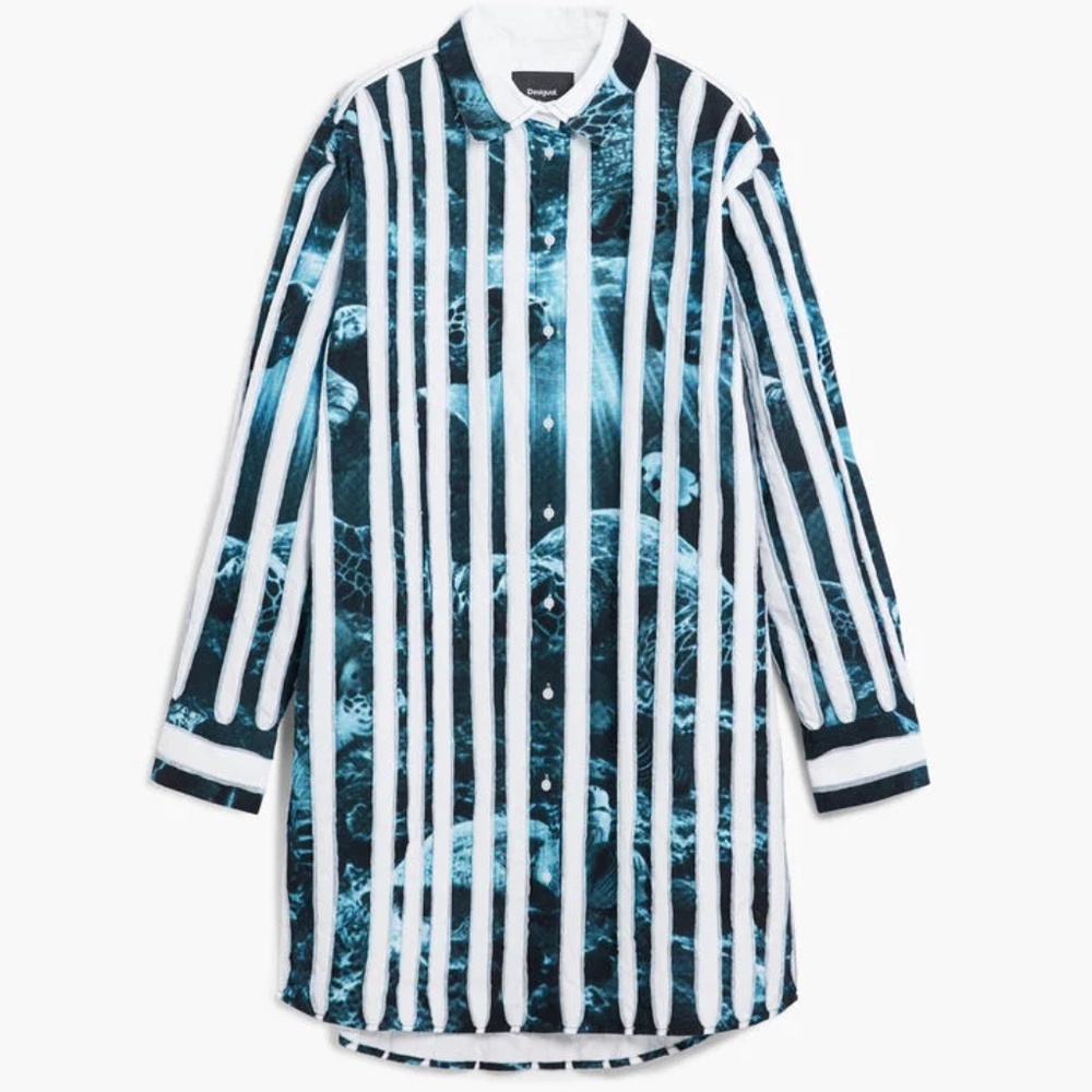 Edgy graphic shirt dress with environmental message Desigual x Botter collab